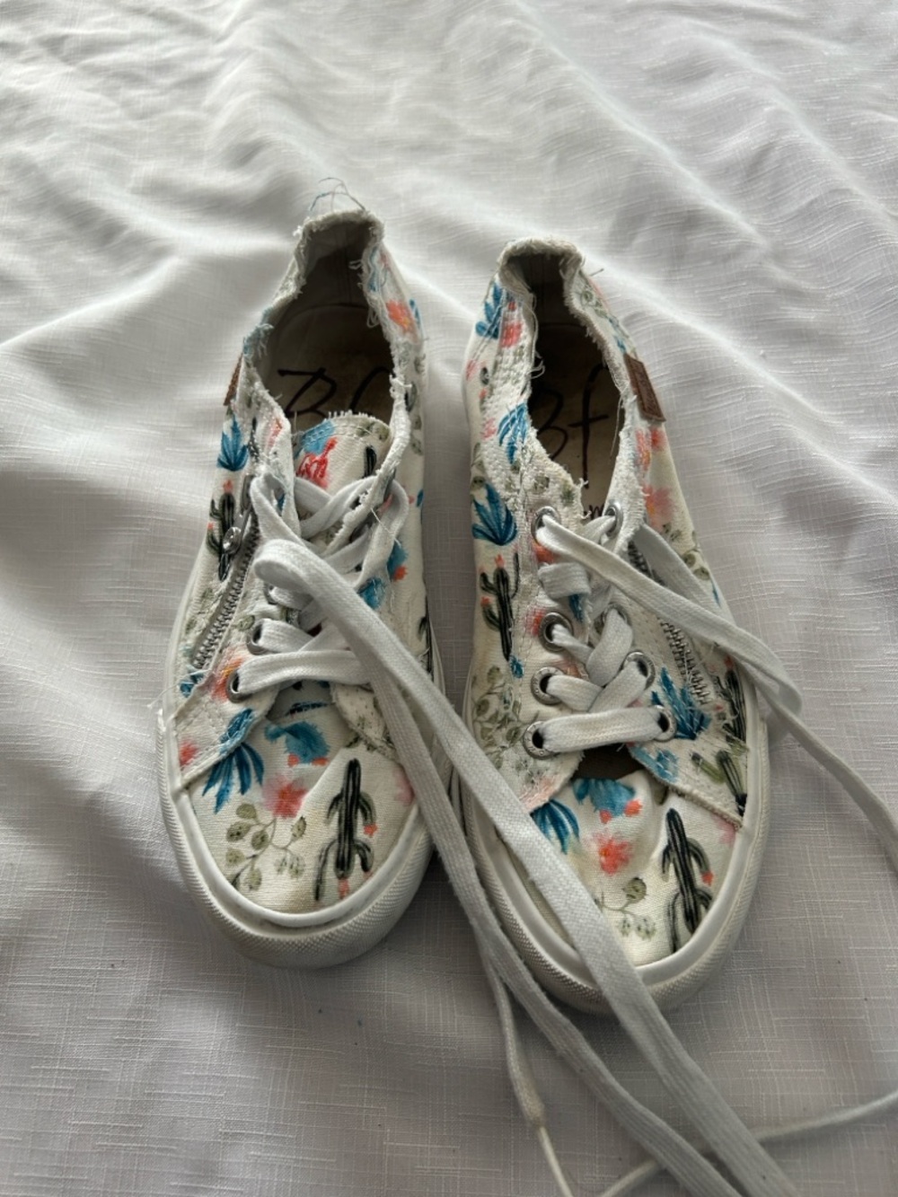 Blowfish White Canvas Floral Sneakers with Blue and Coral Embroidery